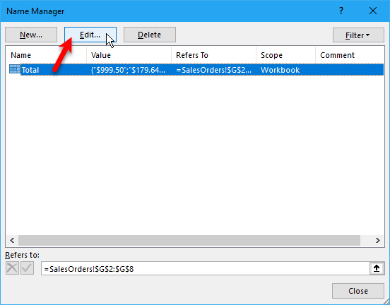 Click Edit on Name Manager dialog box