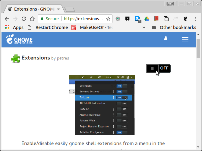 Turn on an extension on GNOME Extensions website in Chrome