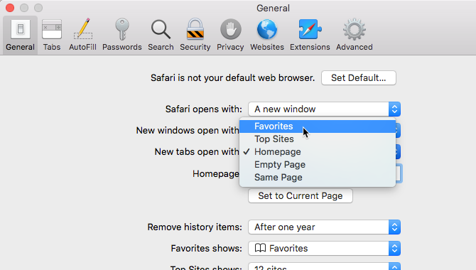 New tabs open with option in Safari's settings