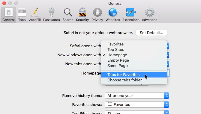 Select Tabs for Favorites in the Open Safari with option in Safari's settings