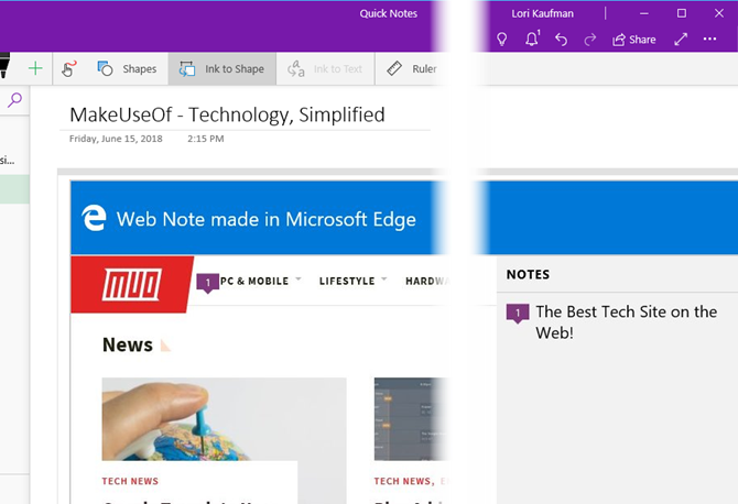 Web note from Edge in OneNote