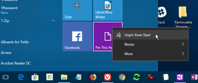 Unpin page from Start menu