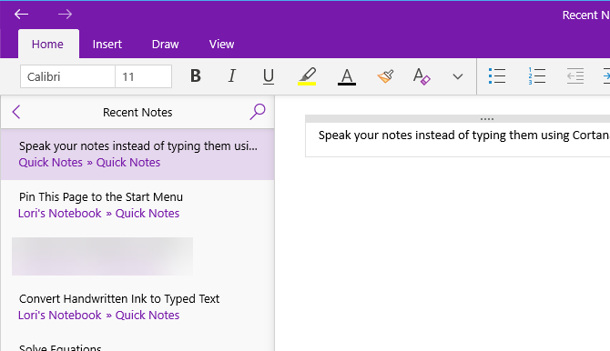 Note added to OneNote using Cortana