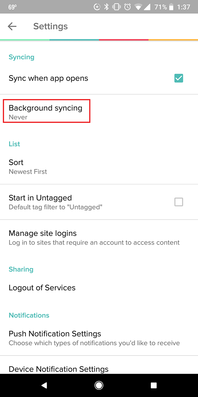 Pocket Settings Cell Data Sync Android