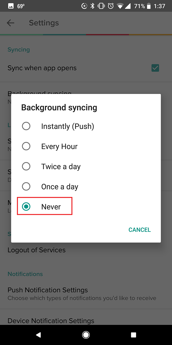 Pocket Settings background Sync Android