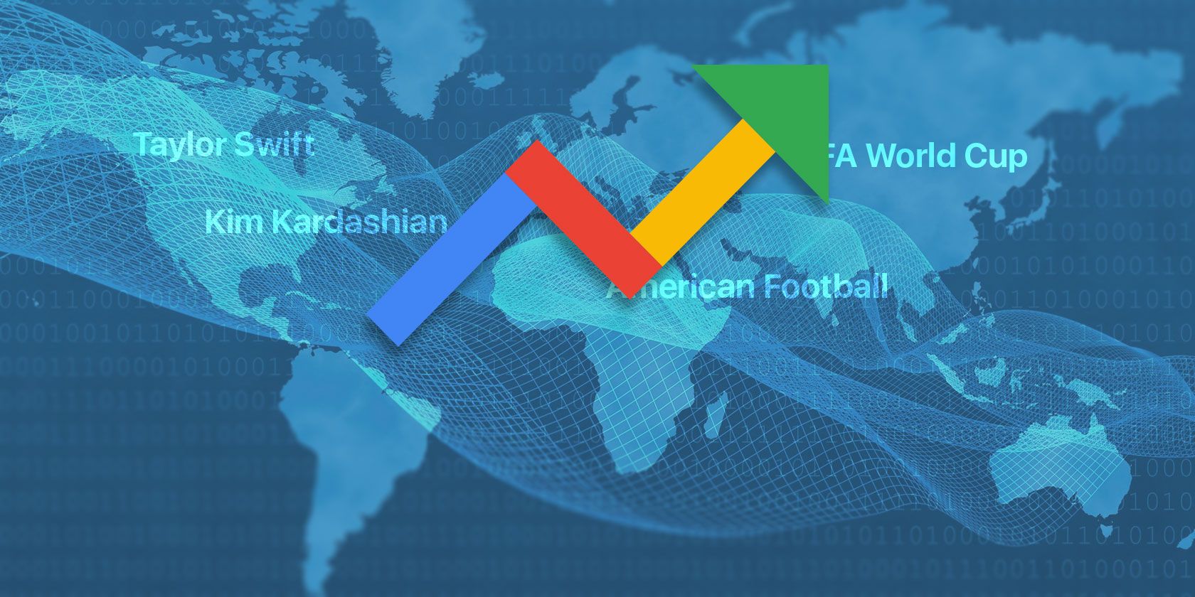 Google Trends arrow on a map of the world with various search terms showing