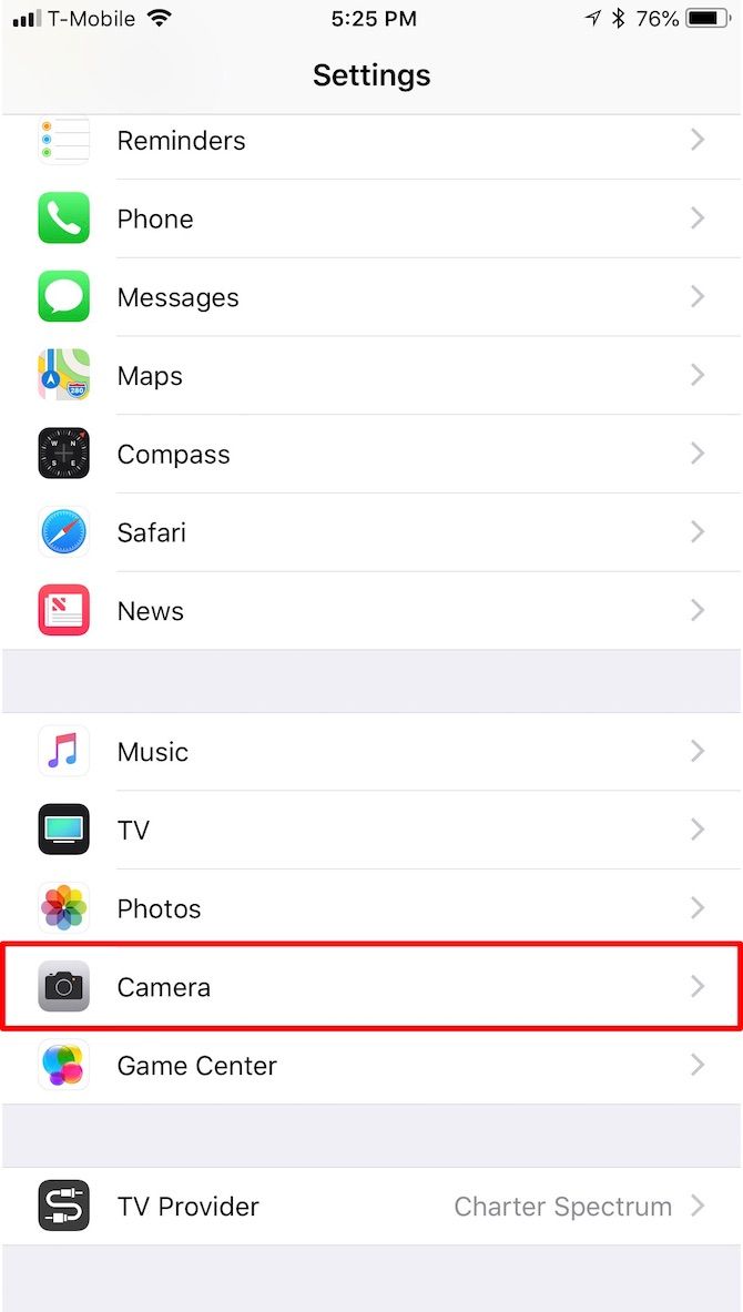 iPhone Settings Select Camera