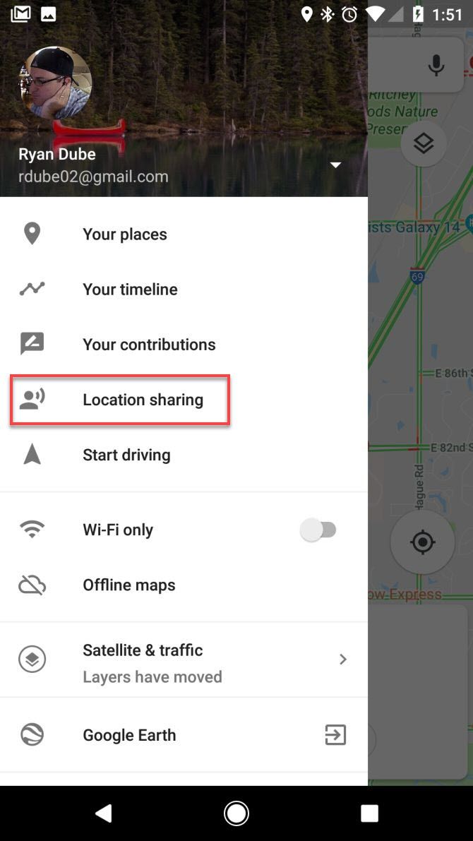 Google Maps location sharing menu