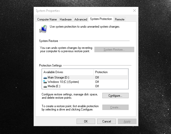 Windows 10 system restore point