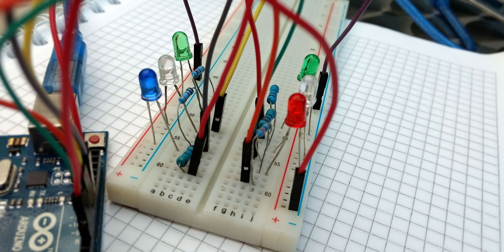 A breadboard with electronic components and wires