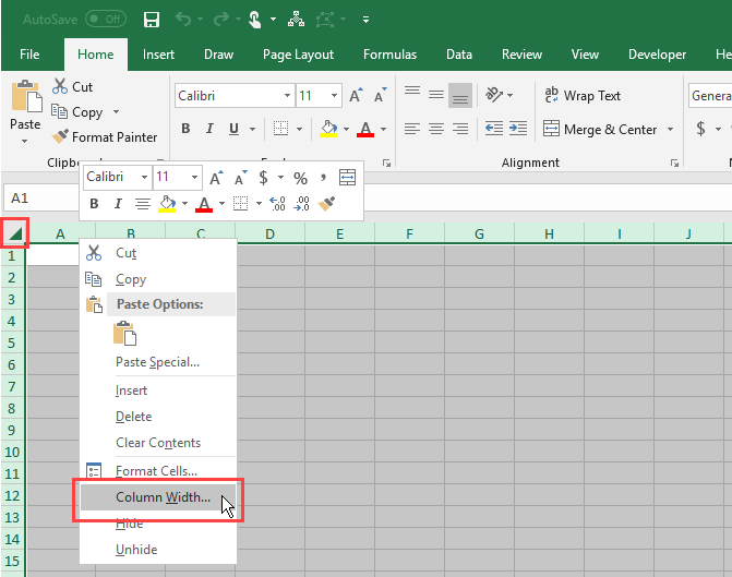 Select all cells, then select Column Width in Excel
