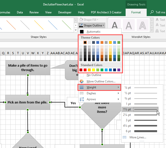 Change color and weight for connector lines on a flowchart in Excel