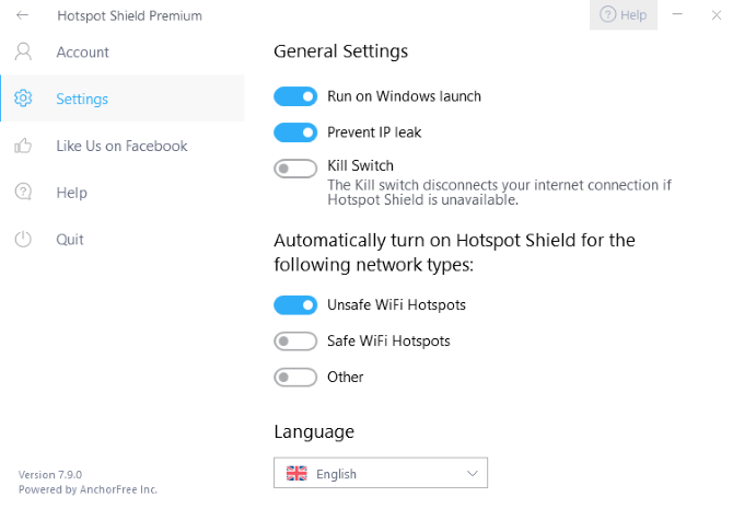Hotspot Shield's settings menu