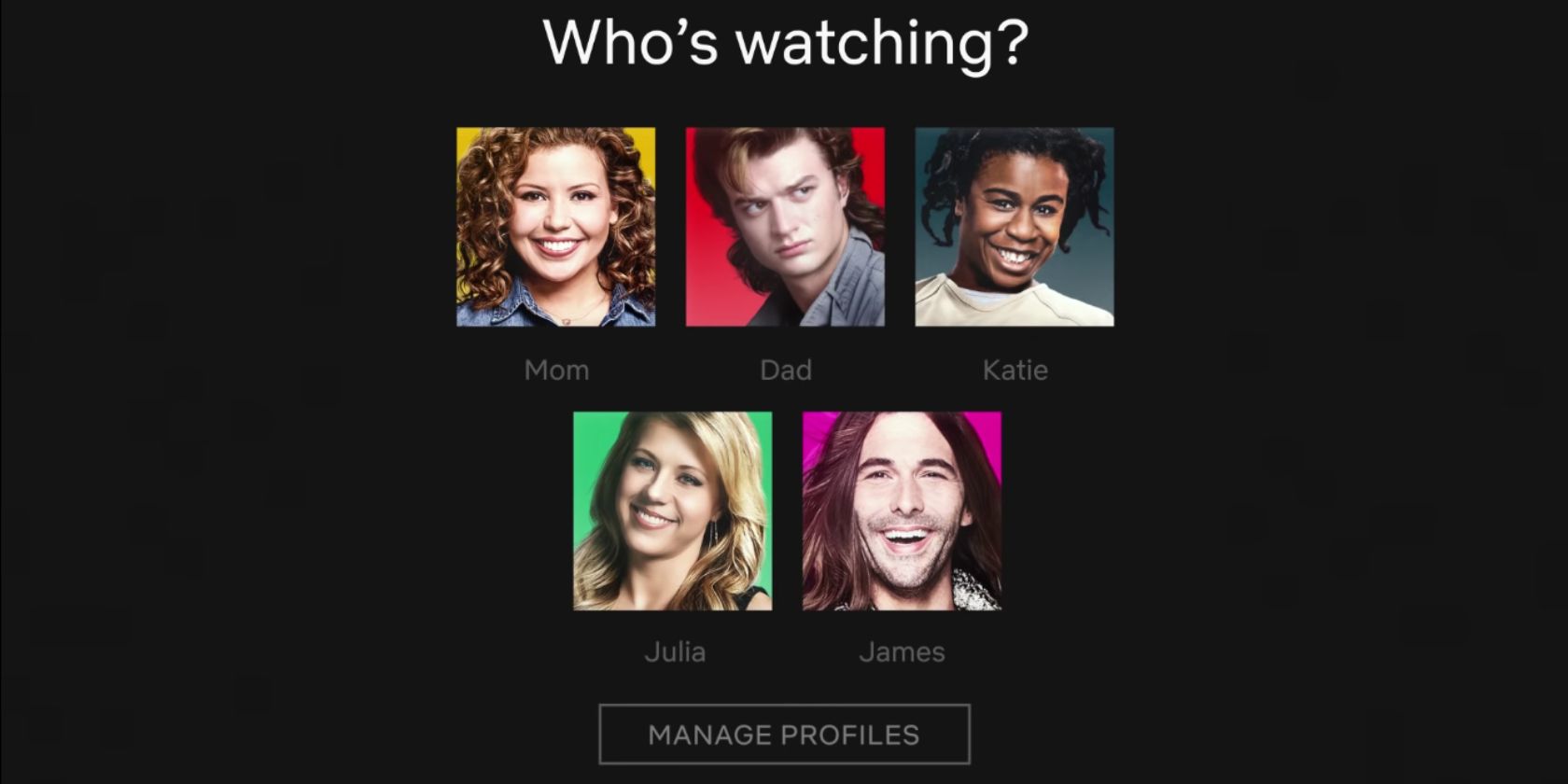 Five Netflix profiles with names and profile photos