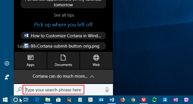 Change the text in the Cortana search box