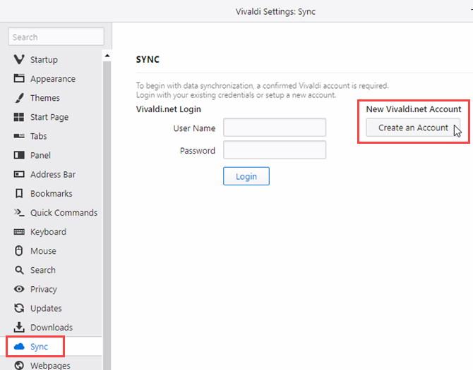 Click Create an Account on Vivaldi Sync settings page