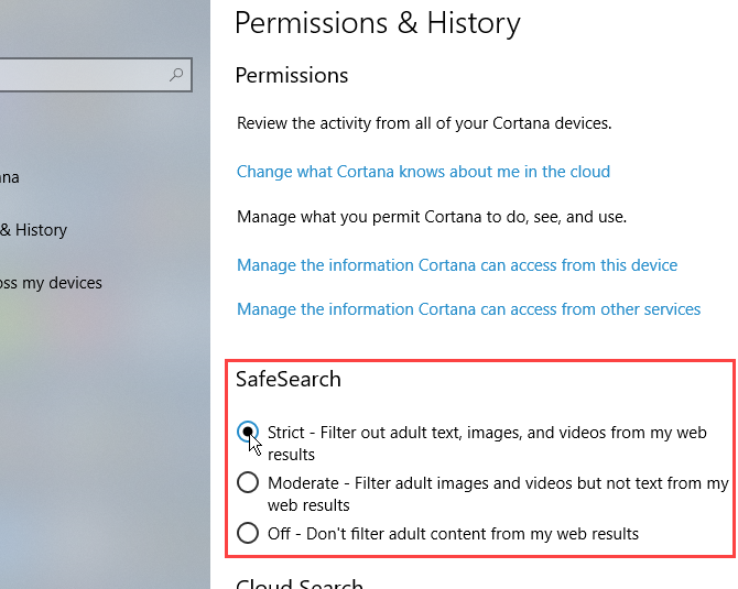 Cortana SafeSearch settings