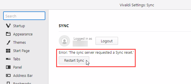 Click Restart Sync after reset in Vivaldi