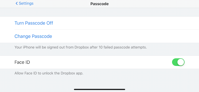 Dropbox iPhone Passcode Settings