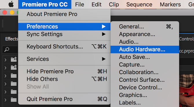 Premiere Pro audio hardware menu