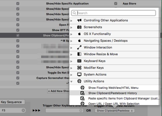 List of preset actions in BetterTouchTool on macOS