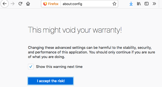 firefox despre config confirmare garanție