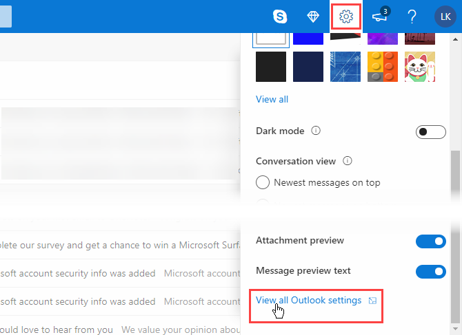 Click Settings, then View all Outlook settings in Outlook.com
