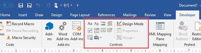 Control section of the Developer tab in Microsoft Word