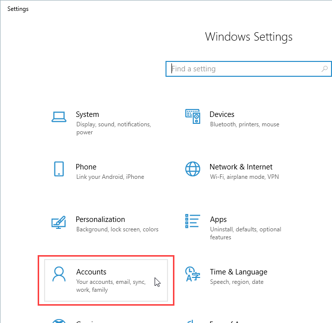 Click Accounts in Settings in Windows 10