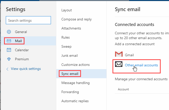 Click Other email accounts in Outlook.com settings