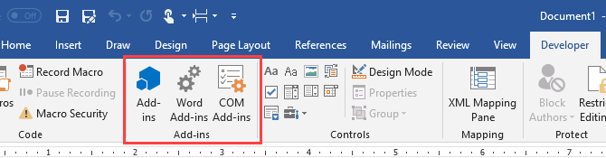 Add-ins section of the Developer tab in Microsoft Word