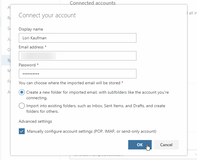 Connect your account dialog box in Outlook.com