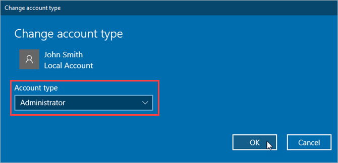 Change account type catalog in Windows 10 Settings
