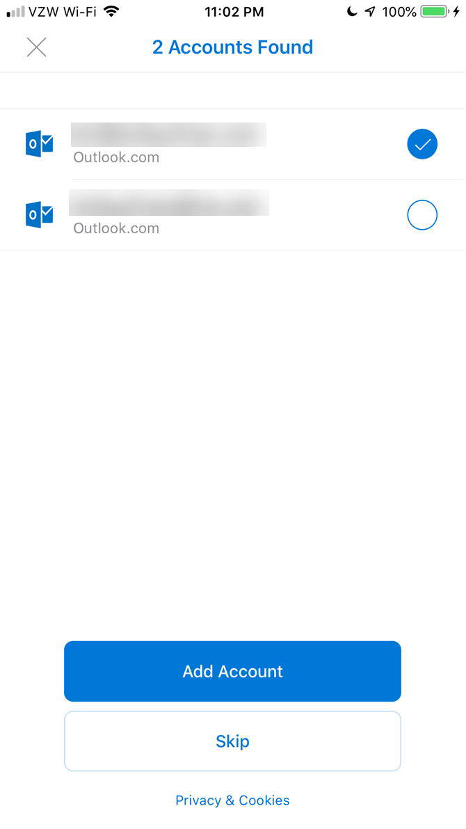 Select account, then click Add Account in Outlook for iOS