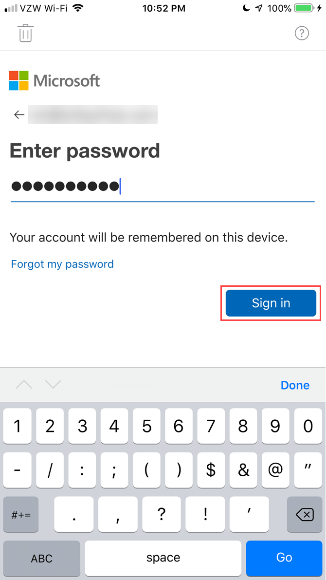 Enter password for Outlook.com account in Outlook for iOS