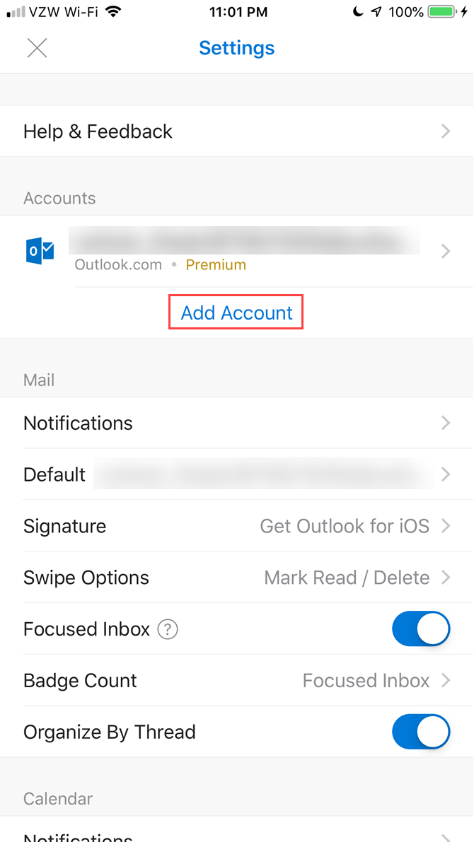 Click Add Account in Outlook for iOS
