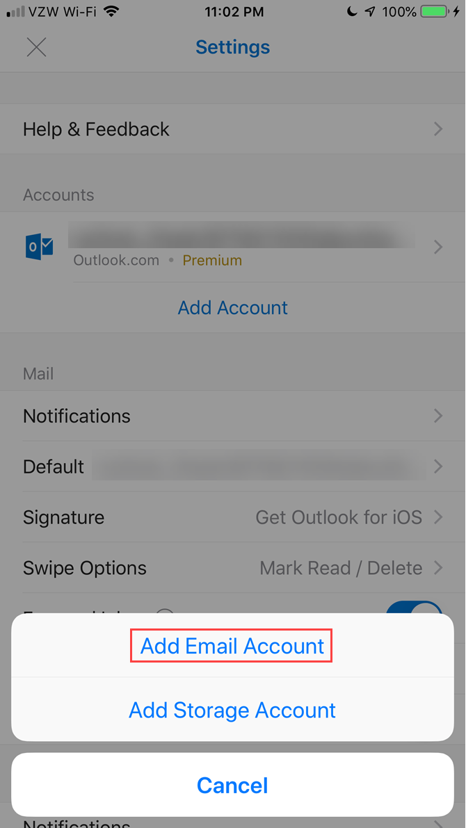 Click Add Email Account in Outlook for iOS