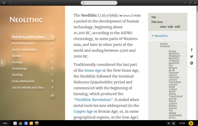 Endless OS History app detailing the Neolithic era