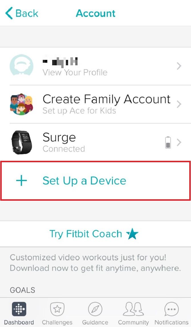 fitbit profile, letting you set up an additional device