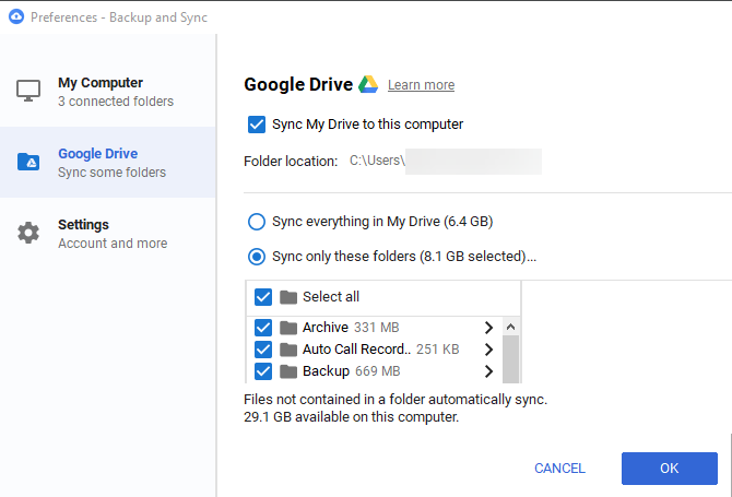 google backup and sync exclude folder