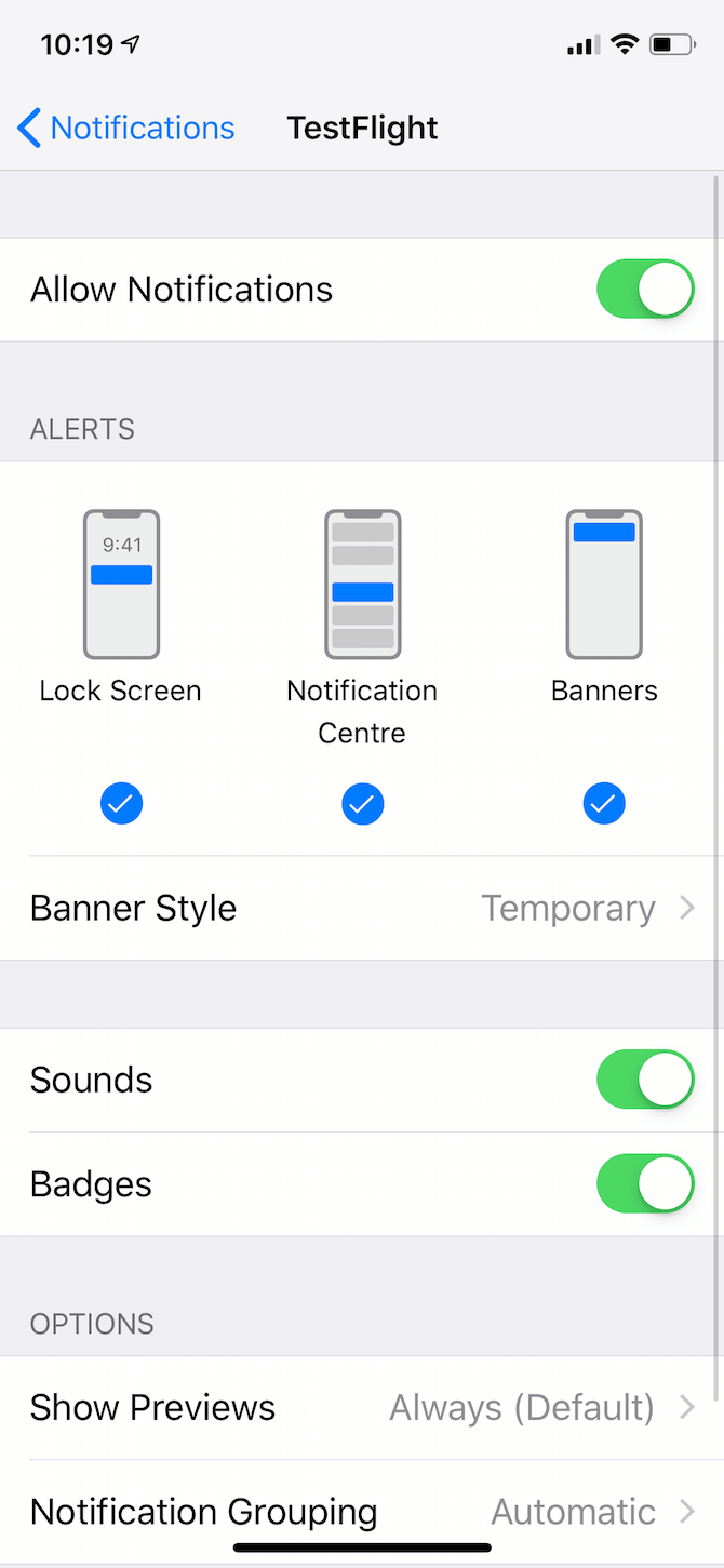 Notifications enables in iPhone settings