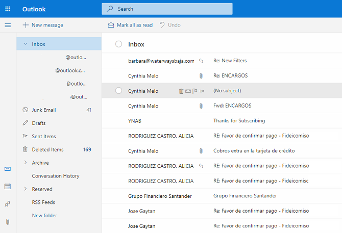 Página principal de la aplicación web de Outlook