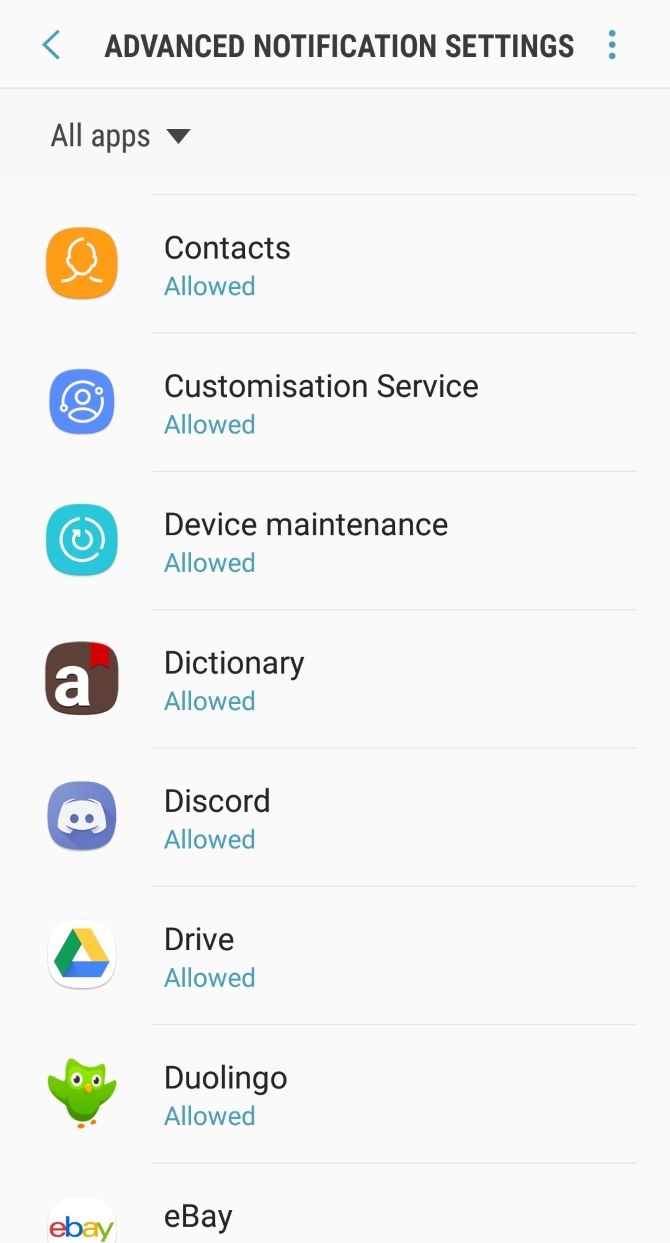 Samsung S8 advanced notification settings