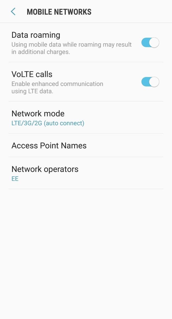 Samsung S8 mobile networks settings