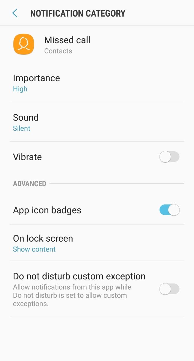 Samsung S8 missed call notification settings