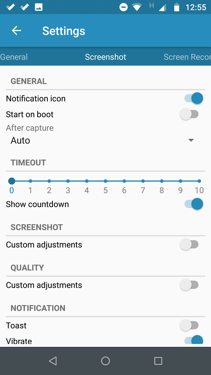 settings menu for screenshot easy