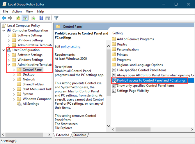Double-click Prohibit access to Control Panel in the Local Group Policy Editor in Windows 10