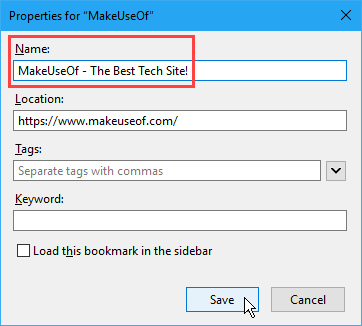 Properties dialog box for a bookmark in Firefox