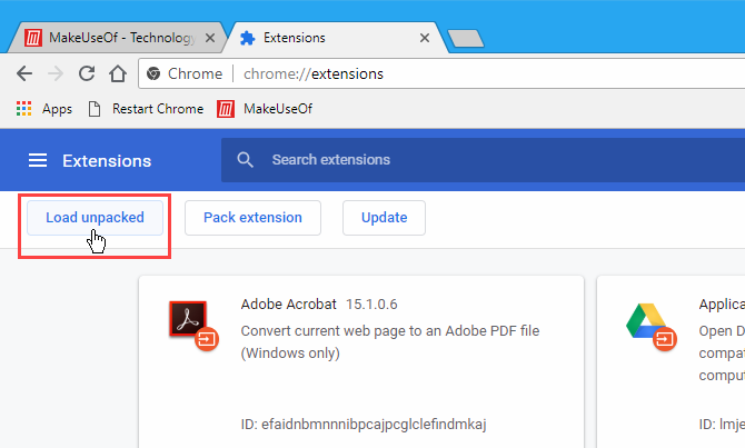 Click Load unpacked to install an extension in Chrome