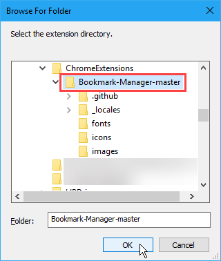 The Browse For Folder dialog box for selecting an extension's folder to install it in Chrome